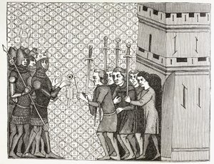 Nach der Eroberung einer Stadt im 14. Jahrhundert kapituliert die Garnison und wirft sich auf die Gnade ihrer Eroberer. Nach einer Miniatur aus dem 14. Jahrhundert in Histoire du Monde von Paul Lacroix