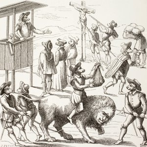 Allegorisches Bild der Exzesse, die den Hugenotten zugeschrieben werden. Der zahme Löwe repräsentiert ein von den Ketzern und ihren Praktiken geschwächtes Frankreich. von Paul Lacroix
