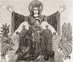 Altes Banner der Stadt Straßburg, Frankreich. Es zeigt das Bild unserer Lieben Frau, der die Stadt im 13. Jahrhundert geweiht wurde. Das Banner wurde 1870 während eines Bombardements zerstört von Paul Lacroix