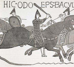 Bischof Edues hält seinen Amtsstab und ermutigt die Soldaten des Herzogs der Normandie in der Schlacht von Hastings. Nach einem Detail im Teppich von Bayeux von Paul Lacroix
