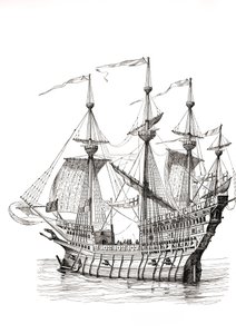 Kriegsschiff, das König Heinrich VIII. 1520 von England nach Frankreich brachte, für sein Treffen mit König Franz I. auf dem Feld des Goldenen Tuchs. Nach einer Zeichnung von Holbein von Paul Lacroix