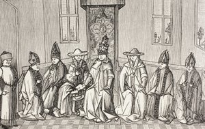 Peter der Einsiedler überbringt die Botschaft von Simeon, Patriarch von Jerusalem, an Papst Urban II. von Paul Lacroix