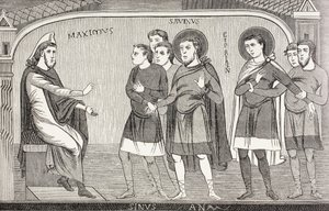 Heilige Savin und Cyprian bekennen sich vor Prokonsul Galerius Maximus als Christen. Nach einem Fresko aus dem 11. Jahrhundert in der Kirche von St. Savin, Vienne, Frankreich von Paul Lacroix