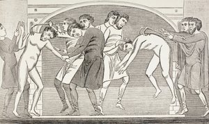 Die Heiligen Savin und Cyprian, deren Fleisch mit Eisenhaken von ihren Körpern gerissen wird. Nach einem Fresko aus dem 11. Jahrhundert in der Kirche von St. Savin, Vienne, Frankreich. von Paul Lacroix