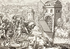Belagerung einer Stadt. Die belagernde Armee liest die Bedingungen für die Kapitulation der Stadt und die Öffnung der Tore vor von Paul Lacroix