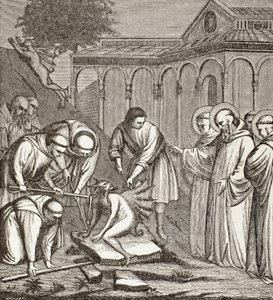 St. Benedikt und der Teufel. Als Benedikt eine Kapelle baute, saß der Teufel auf einem Stein und niemand konnte ihn bewegen, bis St. Benedikt den Stein segnete. Dann ergriff der Teufel die Flucht von Paul Lacroix