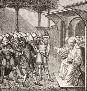 St. Benedikt von Nursia tadelt Baduila alias Totila, König der Ostgoten, dafür, dass er ihn getäuscht hat, und sagt seinen Tod voraus von Paul Lacroix
