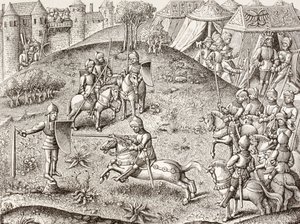 Ritterturnier an einer Quintane, der drehbaren Figur eines Ritters. Nach einer Miniatur in den Chroniques de Charlemagne des 15. Jahrhunderts von Paul Lacroix