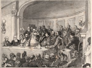 Der Anti-Sklaverei-Kongress, der am 21., 22. und 23. September 1890 in der Geographischen Gesellschaft in Paris in Anwesenheit von Jules Simon, Emile Keller und Monseigneur Lavigerie stattfand. Gravur nach einer Zeichnung von Paul Merwart in „The Illustrou von Paul Merwart