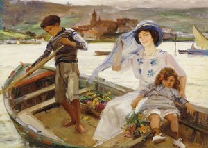 Eine Mutter und ein Kind werden über einen Fluss mit einer Stadt im Hintergrund übergesetzt