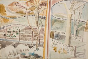 Die Landschaft durch das Fenster und durch den Spiegel von Paul Nash
