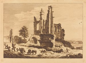 Verfallene Abtei mit Vieh und einem Holz hackenden Mann von Paul Sandby