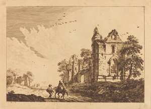 Ruine einer Abtei mit Reisenden auf der Straße