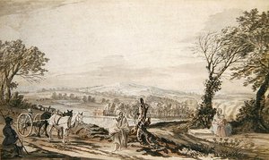 Reisende ruhen sich an einer Straße über einem Flusstal aus von Paul Sandby