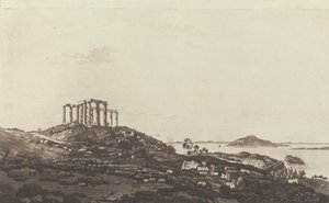 Ansichten im Levant: Ruinierter Tempel auf Hügel bei Suninum mit Blick auf Inseln von Paul Sandby