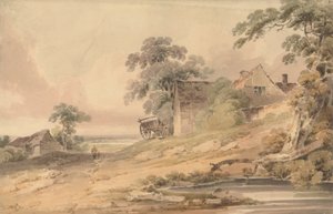 Landschaft mit Bauernhaus, Figuren und Teich