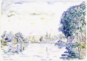 Flusslandschaft mit Häuschen und Bäumen von Paul Signac