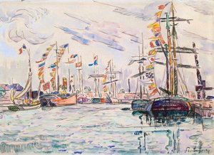 Segelboote mit Festtagsflaggen an einem Pier in Saint-Malo, 1920er Jahre