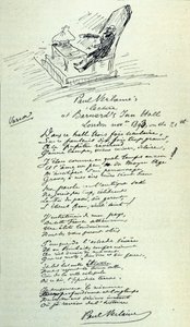 Gedichtzeichen des französischen Dichters Paul Verlaine (1844-1896) mit Skizze des Vertreters während einer Lesung. 21.11.1893 von Paul Verlaine