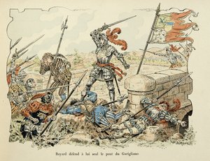 Illustration aus dem Buch „Histoire du chevalier Bayard“ von Theodore Cahu, illustriert von Paul De Semant (1855-1915): Bayard verteidigt allein die Brücke von Garigliano 1504 von Paul de Semant