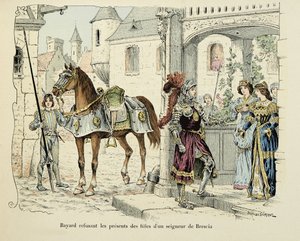 Illustration aus dem Buch „Histoire du chevalier Bayard“ von Theodore Cahu, illustriert von Paul De Semant (1855-1915): Bayard lehnt die Geschenke der Töchter eines Herrn von Brescia 1512 ab von Paul de Semant