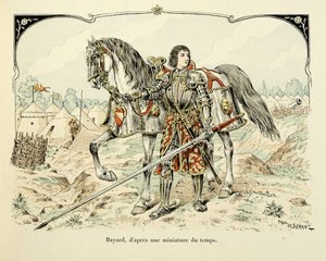 Illustration aus dem Buch „Histoire du chevalier Bayard“ von Theodore Cahu, illustriert von Paul De Semant: Porträt von Bayard nach einer Miniatur der Zeit von Paul de Semant