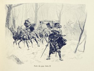 Illustration aus dem Buch „Histoire du chevalier Bayard“ von Theodore Cahu, illustriert von Paul De Semant: Flucht von Papst Julius II. von Paul de Semant