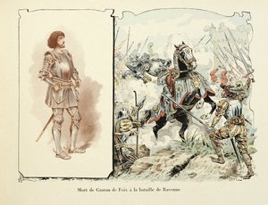 Illustration aus dem Buch „Histoire du chevalier Bayard“ von Theodore Cahu, illustriert von Paul De Semant: Tod von Gaston de Foix (1489-1512) in der Schlacht von Ravenna von Paul de Semant