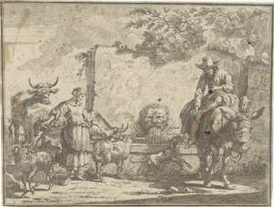 Frau und ein Mann auf einem Esel bei einer Wasserquelle von Paul van Somer (II)