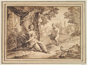 Frauen, die unter einer Säule mit Putto sitzen von Paul van Somer