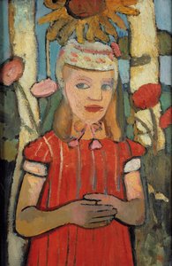 Mädchen im roten Kleid vor Sonnenblume, 1907 von Paula Modersohn Becker
