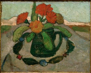 Stillleben mit Ringelrosen vor Landschaft von Paula Modersohn Becker