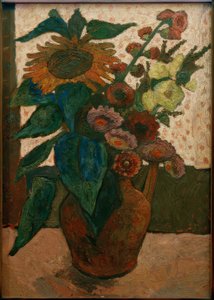Stillleben mit Sonnenblume, Stockrosen und Georginen von Paula Modersohn Becker