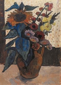 Stillleben mit Sonnenblumen, Stockrosen und Georginen von Paula Modersohn Becker