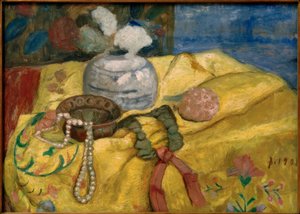 Stillleben mit gelber Decke und Ingwertopf mit Blumen von Paula Modersohn Becker