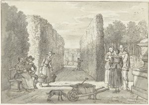 Verschiedene Personen in einem Garten mit hohen Hecken von Paulus Constantijn la Fargue