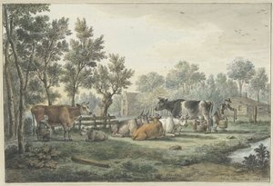 Wiese mit Kühen, die gemolken werden
