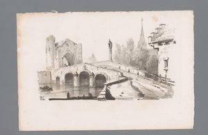 Ansicht einer Brücke mit Tor, im Hintergrund eine Kirche von Paulus Lauters