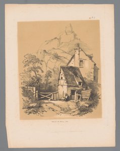 Maaslandschaft mit Haus am Fuße eines Berges mit Ruine oben