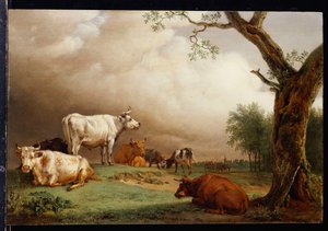 Rinder auf einem Feld, mit Reisenden in einem Wagen auf einem Weg dahinter und einem Kirchturm in der Ferne, ein Regensturm nähert sich, 1652 von Paulus Potter