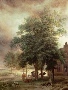 Landschaft mit Kutsche oder Haus hinter den Bäumen