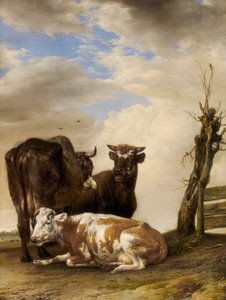 Zwei Kühe und ein junger Stier neben einem Zaun auf einer Wiese von Paulus Potter