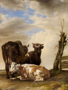Zwei Kühe und ein junger Stier neben einem Zaun auf einer Wiese von Paulus Potter