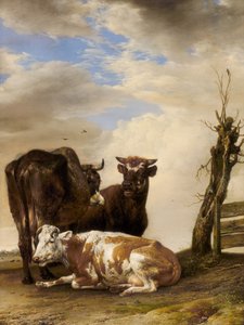 Zwei Kühe und ein junger Stier neben einem Zaun auf einer Wiese von Paulus Potter