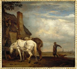 Zwei Pferde vor einer Bauernhütte von Paulus Potter