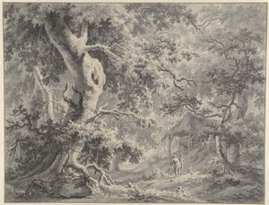 Waldlandschaft mit zwei Figuren bei einer Hütte von Paulus van Liender