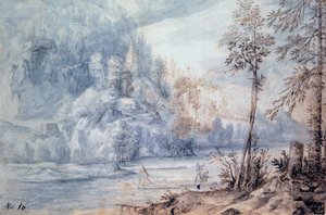 Rand des Flusses mit Floß von Paulus van Vianen II
