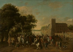 Prinz Maurits, begleitet von Prinz Frederik Hendrik, Friedrich V. von Böhmen und seiner Frau Elizabeth Stuart, und anderen, auf dem Buitenhof, Den Haag