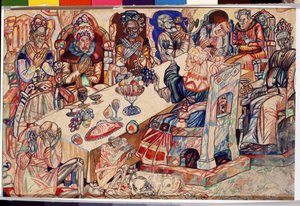 Das Festmahl der Könige. Aquarell und Feder von Pavel Nikolayevich Filonov (1883-1941) um 1912 Staatliches Russisches Museum, Sankt Petersburg von Pawel Nikolajewitsch Filonow
