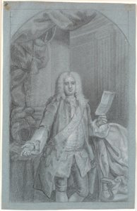 Porträtstudie (Kniestück) eines stehenden Mannes mit rechter Hand auf einem Tisch mit Helm und in der linken Hand ein Dokument. Ordensband mit Elefant und ein Stern links vom Band (Blauer Ritter)